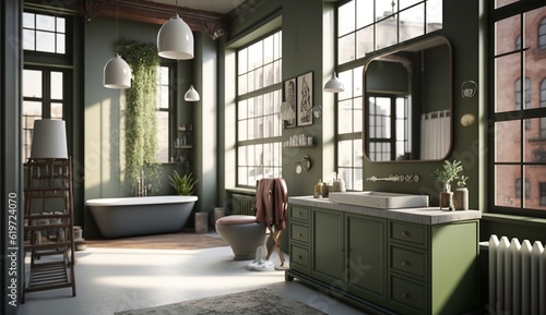 beautiful olive colored bathroom with large windows in an attic apartment