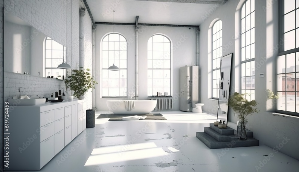 Fototapeta premium beautiful white bathroom with large windows in a loft apartment