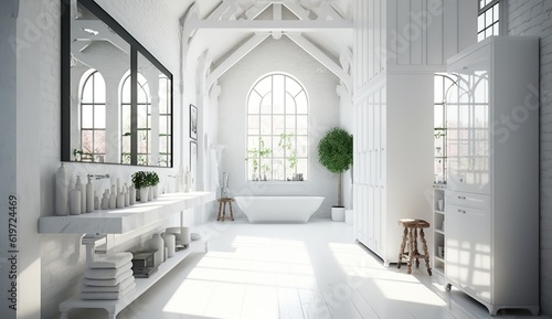 beautiful white bathroom with large windows in a loft apartment