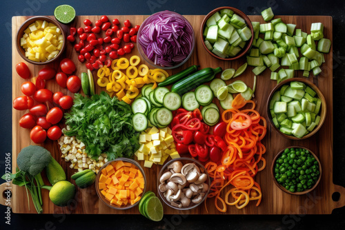 Top-down view of an array of fresh vegetables artfully arranged on a wooden cutting board. Generative AI.