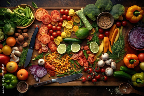 Top-down view of an array of fresh vegetables artfully arranged on a wooden cutting board. Generative AI.