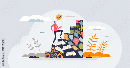 Reskilling and upskilling for personal skill development tiny person concept. Change professional future with new beginning and study for different qualification vector illustration. Reskill strategy photo
