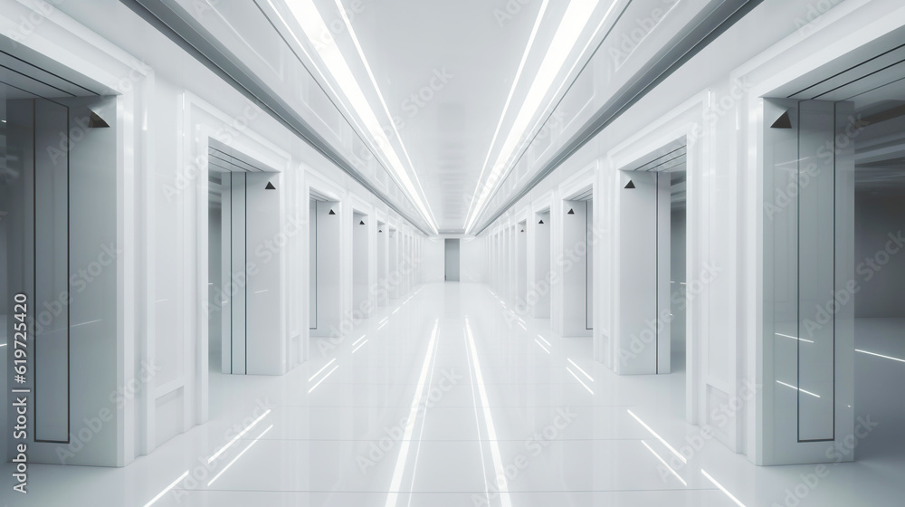 White abstract futuristic tunnel with neon lines. Generative AI White abstract futuristic tunnel with neon lines. Generative AI