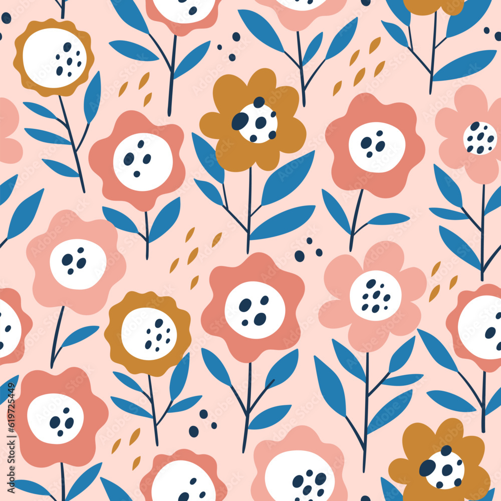 Abstract floral seamless pattern on light pink background. Cute repeat pattern with daisy flowers. Square design. Vector illustration. Abstract floral seamless pattern on light pink background. Cute repeat pattern with daisy flowers. Square design. Vector illustration.