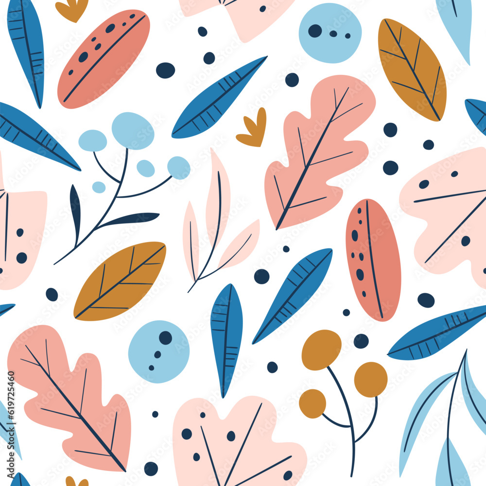 Abstract leaves seamless pattern. Cute leaves and twigs isolated on white background. Square design. Vector illustration. Abstract leaves seamless pattern. Cute leaves and twigs isolated on white background. Square design. Vector illustration.