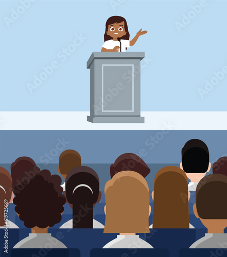 Cute little black girl gives a speech on the podium about bullying and racism emotional. Flat vector illustration isolated