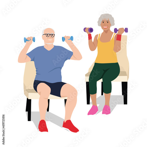 Senior elderly couple living happy active lifestyle concept. Mature aged couple grandparents cartoon characters doing workout with dumbbells and enjoying time and love together. Flat vector illustrati