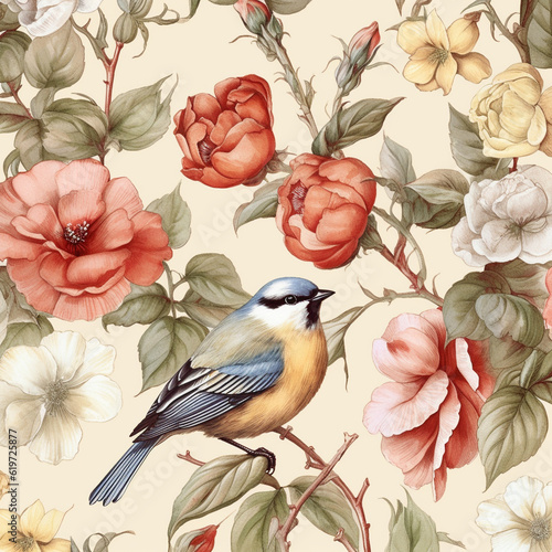 repeating pattern with birds and flowers drawing style  © @foxfotoco