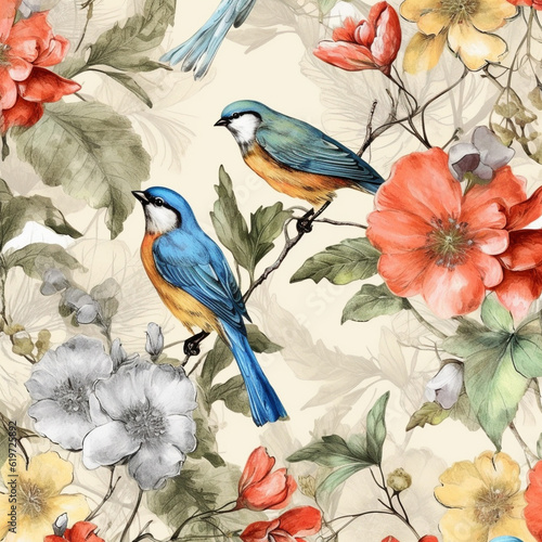 repeating pattern with birds and flowers drawing style  © @foxfotoco