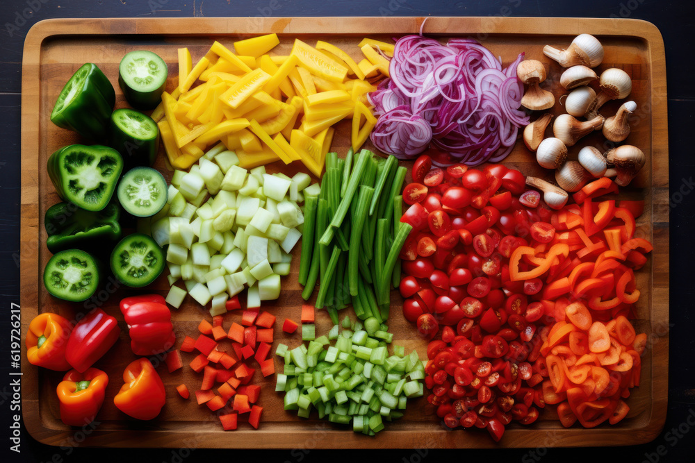 Top-down view of an array of fresh vegetables artfully arranged on a wooden cutting board. Generative AI.
