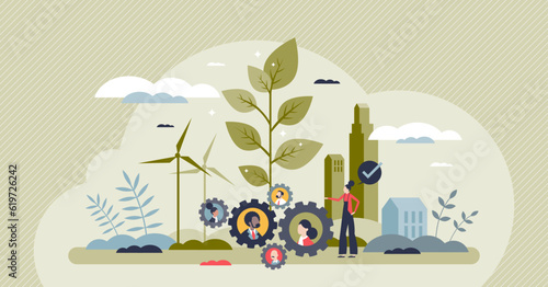 Corporate social responsibility or CSR business strategy growth tiny person concept. Sustainable, environmental and nature friendly company development with ecological principles vector illustration.