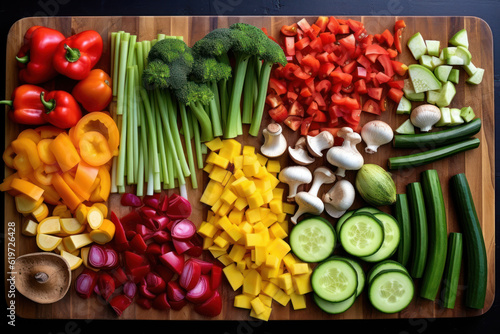 Top-down view of an array of fresh vegetables artfully arranged on a wooden cutting board. Generative AI.