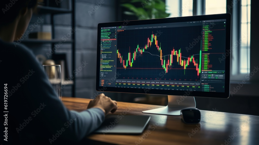 Stocks Market Graph Chart on Computer Screen, Financial Technical Analysis, Cryptocurrency Trade Exchange. Generative Ai Stocks Market Graph Chart on Computer Screen, Financial Technical Analysis, Cryptocurrency Trade Exchange. Generative Ai