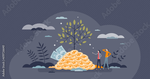 Sustainable and responsible finances investing strategy tiny person concept. Economy development with ecological and environmental principles vector illustration. Coin tree growth as green economy.