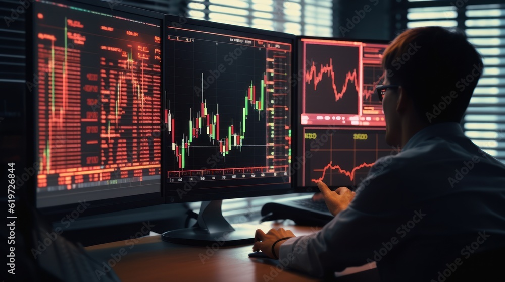 Stocks Market Graph Chart on Computer Screen, Financial Technical Analysis, Cryptocurrency Trade Exchange. Generative Ai Stocks Market Graph Chart on Computer Screen, Financial Technical Analysis, Cryptocurrency Trade Exchange. Generative Ai
