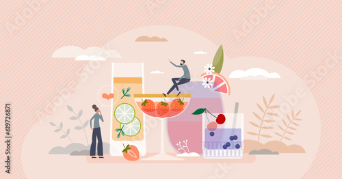 Mocktails as cold and fresh drink with berries and fruits tiny person concept. Healthy non alcoholic alternative to classical cocktails in summer vector illustration. Colorful lemonade for party.