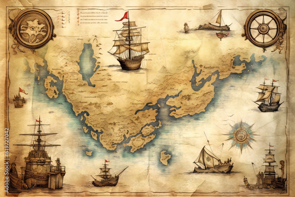 Naklejka premium Old antique nautical treasure map on white background Generative AI 