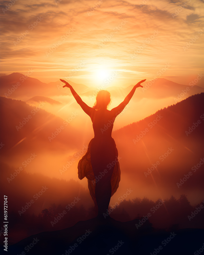 Woman yoga pose siluete in nature, sunrise. Generative AI