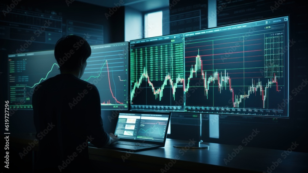Stocks Market Graph Chart on Computer Screen, Financial Technical Analysis, Cryptocurrency Trade Exchange. Generative Ai Stocks Market Graph Chart on Computer Screen, Financial Technical Analysis, Cryptocurrency Trade Exchange. Generative Ai