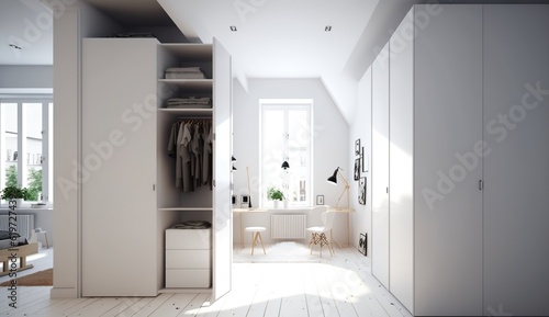 beautiful white wardrobe with large windows in a loft apartment