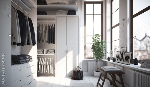 beautiful white wardrobe with large windows in a loft apartment