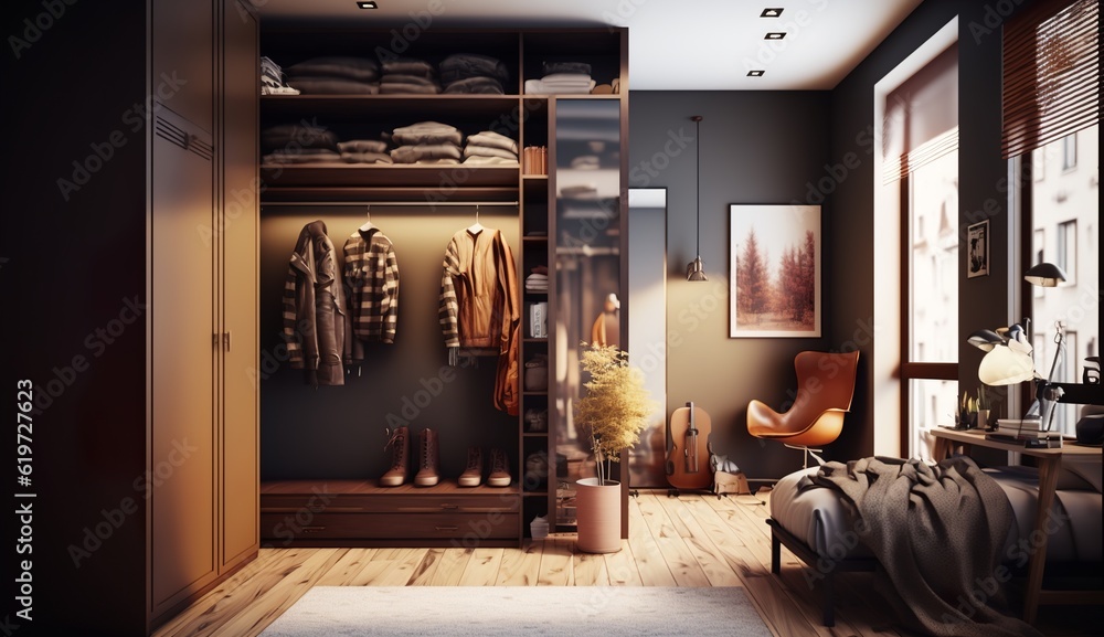 beautiful brown wardrobe with large windows in a loft apartment