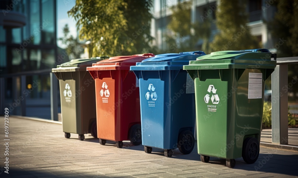 Different Colored Waste Bins, Recycling and Separating Different Types of Garbage Concept. Generative Ai Different Colored Waste Bins, Recycling and Separating Different Types of Garbage Concept. Generative Ai