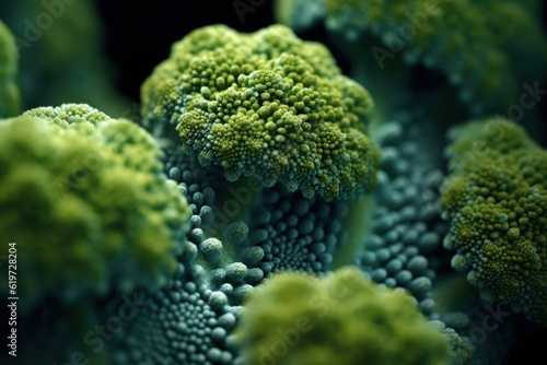 Through macro photography  this stunning image highlights the intricate details and textures of broccoli florets. Generative AI.