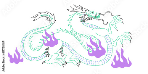 Modern trendy dragon drawing in line art style for chinese new year celebration decoration. Green dragon in asian  japanese or chinese traditional drawing. Vector illustration in tattoo outline style