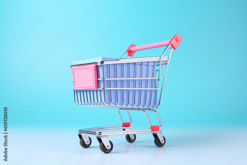 shopping cart promo scene on blue background. generative ai shopping cart promo scene on blue background. generative ai