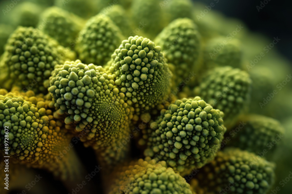 Through macro photography, this stunning image highlights the intricate details and textures of broccoli florets. Generative AI. Through macro photography, this stunning image highlights the intricate details and textures of broccoli florets. Generative AI.