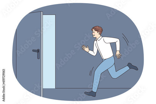 Young man running into open door strive for happy future and career success. Male in hurry move toward exit, escape from reality. Flat vector illustration.