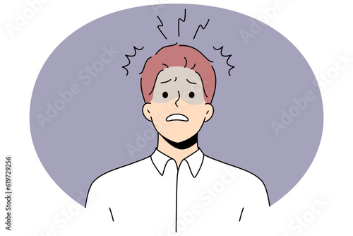 Unhappy male employee or worker feel frustrated and distressed with work problems. Anxious man worker stressed confused with news or ideas. Frustration and stress. Vector illustration.