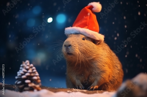 Cute capybara in santa hat. Chrisrmas card. Сapybara on snow. Generative ai