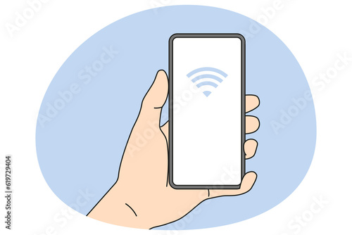Person holding smartphone with NFC on screen. Near field communication technology on mobile phone. NFC payment with cellphone. Flat vector illustration.