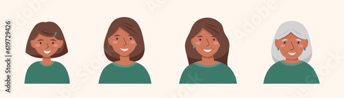 Avatars of woman in different ages - from girl till elderly person in flat style. Woman portrait.
