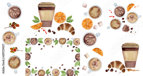 Watercolor hand drawn set of compositions with coffee cups, beans, leaves, orange, croissant, dishes. Isolated on white background. For invitations, cafe, restaurant food menu, print, website, cards