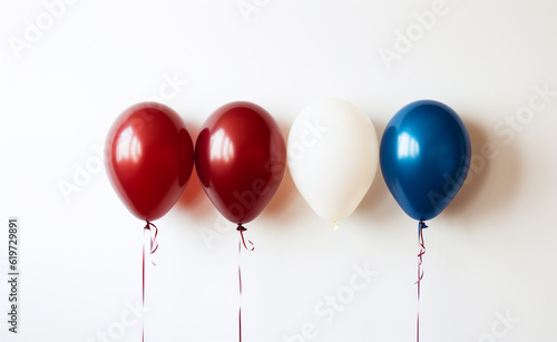 metallic four American Tricolor Balloons red white blue on white wall. america independece day  election concept
