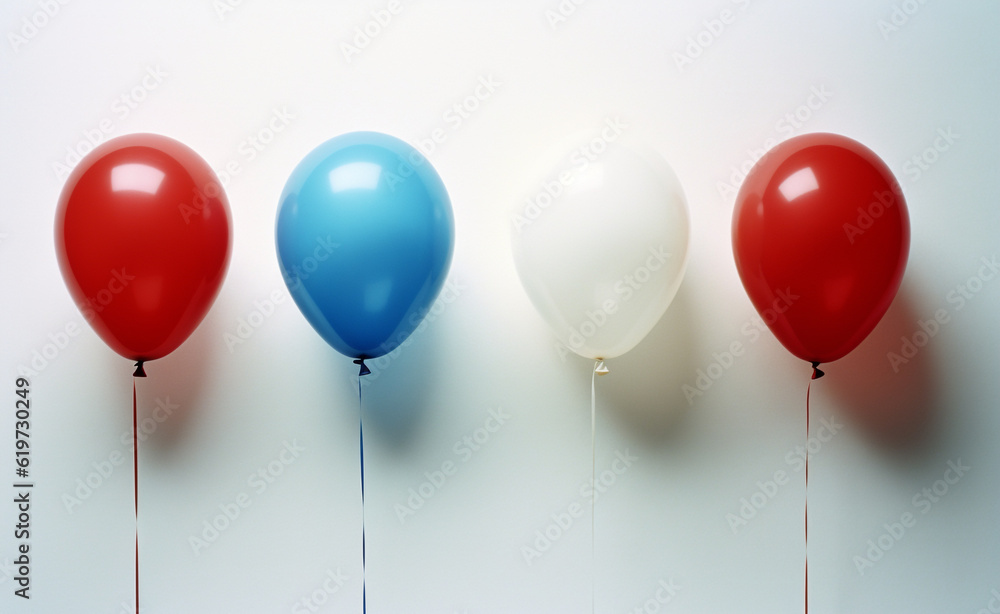close up four American Tricolor Balloons red white blue on white wall. america independece day, election concept close up four American Tricolor Balloons red white blue on white wall. america independece day, election concept