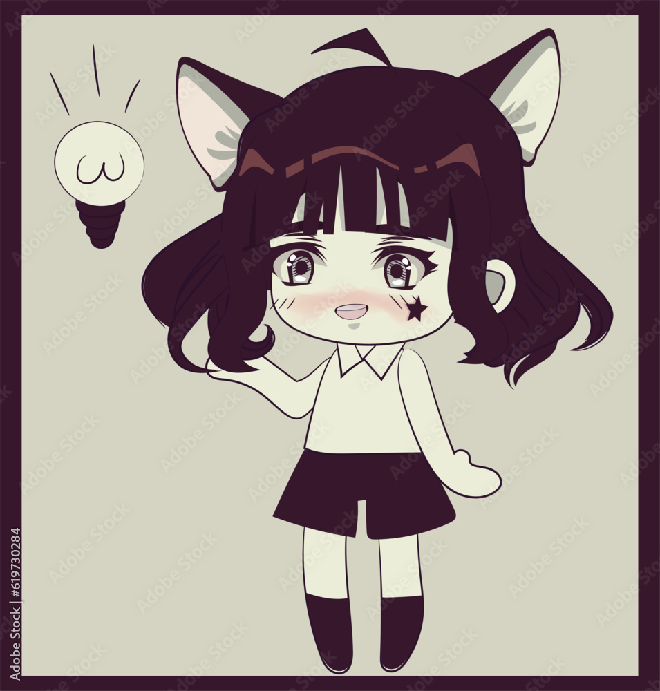 Cute chibi girl with cat ears and short dark hair . Retro style original character. Cat woman Cute chibi girl with cat ears and short dark hair . Retro style original character. Cat woman