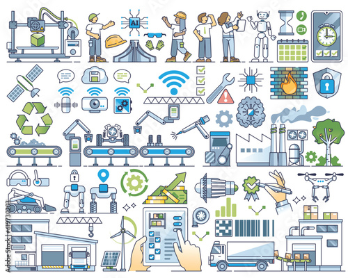 Smart factory and new generation for manufacturing outline collection set. Elements with modern conveyor, IOT devices automation and 5G connectivity for efficient mechanic line vector illustration.