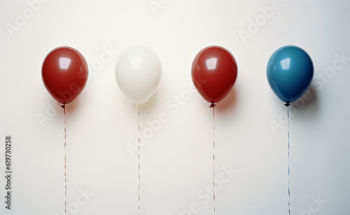 four American Tricolor Balloons red white blue on white wall. america independece day  election concept