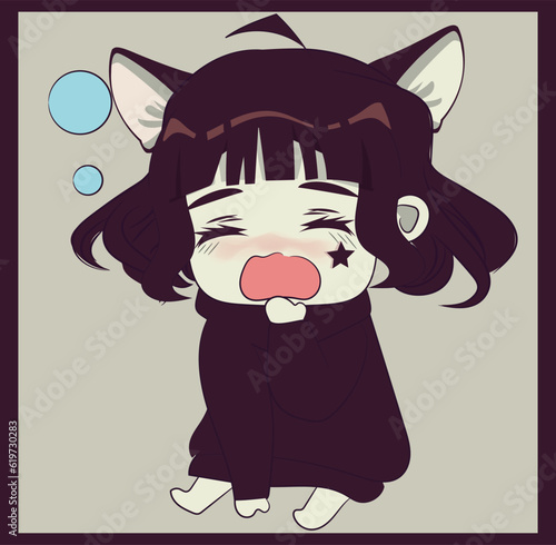 Sad chibi girl, with cat ears and short dark hair. Cat women. Retro style original character
