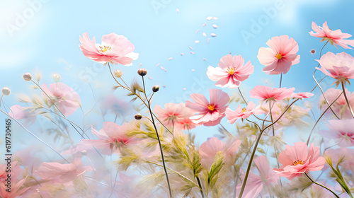 Delicate pink cosmos flowers against a soft blue sky.