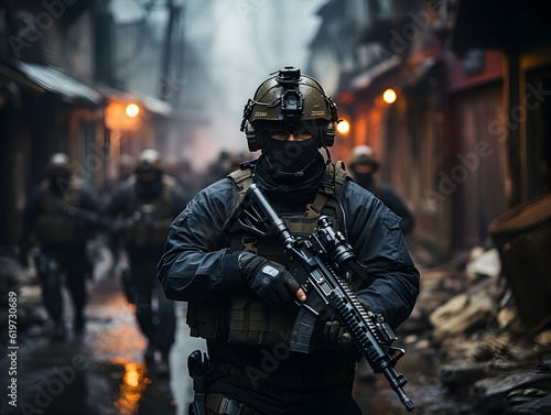 special forces squad with tactical gear, M4 rifles Generative AI