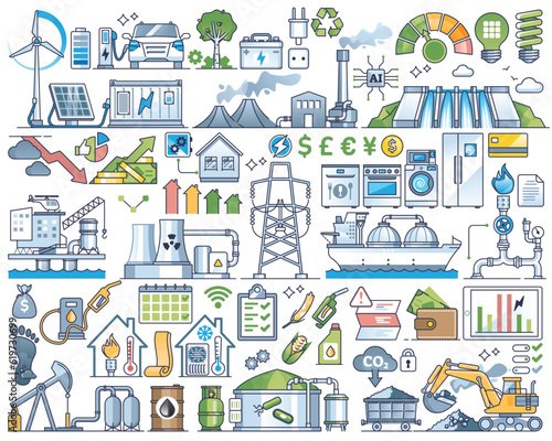 Energy cost, power production and save resources outline collection set. Expensive electricity, fossil or alternative sources vector illustration. Elements with financial energetic supply expenses.