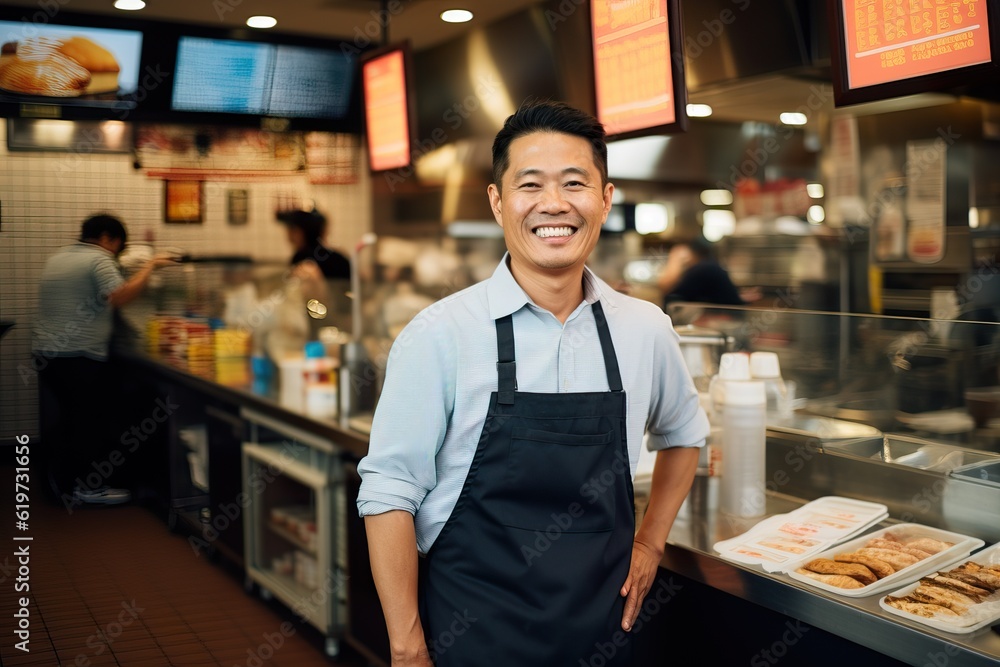 A proud small business owner at a vibrant fast food counter. Generative AI. A proud small business owner at a vibrant fast food counter. Generative AI.