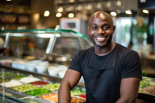 A proud small business owner at a vibrant fast food counter. Generative AI.