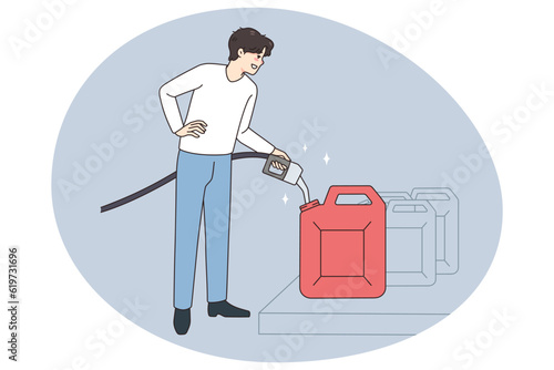 Male driver with pistol hoard petrol in can at gas station. Smiling man buy petroleum collect liquid in canister. Flat vector illustration, cartoon character.
