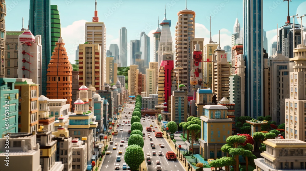 Obraz premium skyscrapers, city, cars, road, trees, AI generated.
